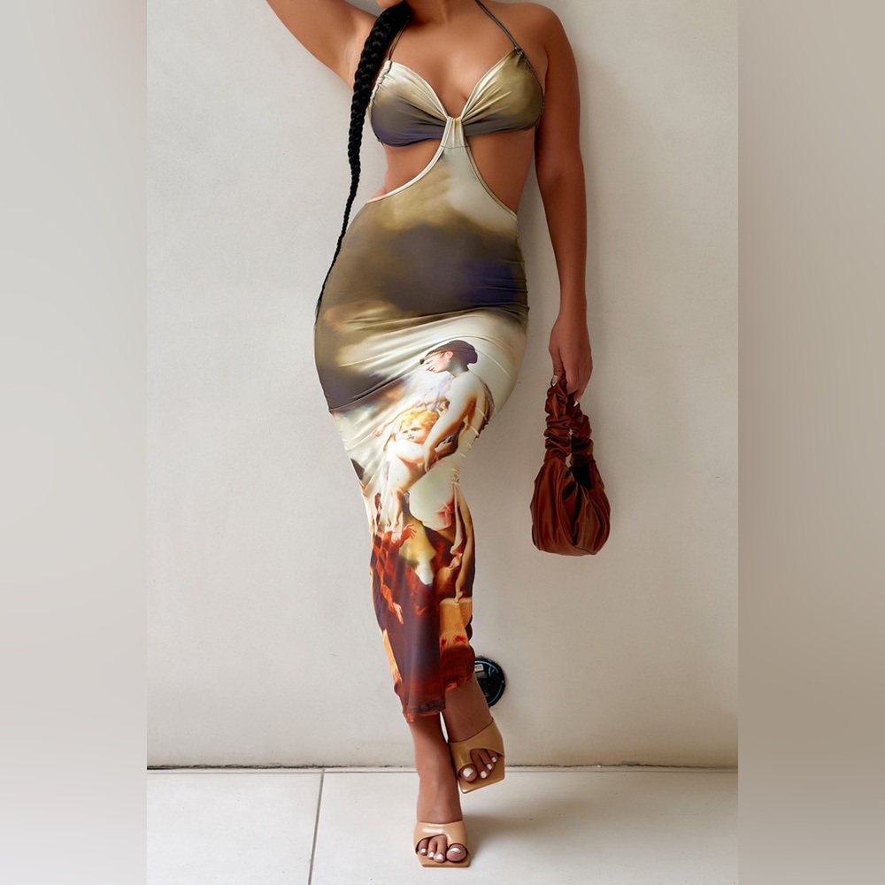 Multicolor Graphic Print Halter Dress